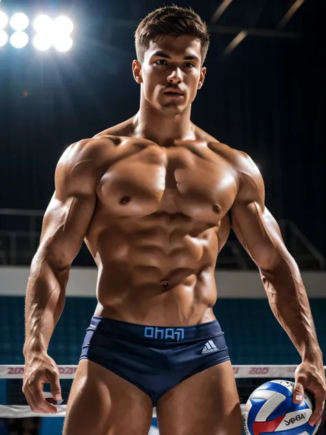 (1boy, photorealistic:1.4, ultra realistic, masterpiece:1.2, best quality, 4k), young olympic male volleyball players playing a game of volleyball, photo from the olympic games, detailed faces, ultra realistic skin, Olympic Games, shot on Nikon d850 50mm, ...