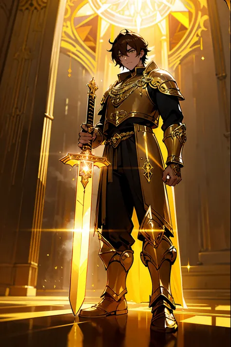 1 male, brown hair, amber eyes, paladin, golden armor with a lion emblem, holding a large sword, standing in a sacred temple, light streaming through stained glass, masterpiece, 8k, standing on path, highly detailed, hyper realistic, cinematic lighting, vo...