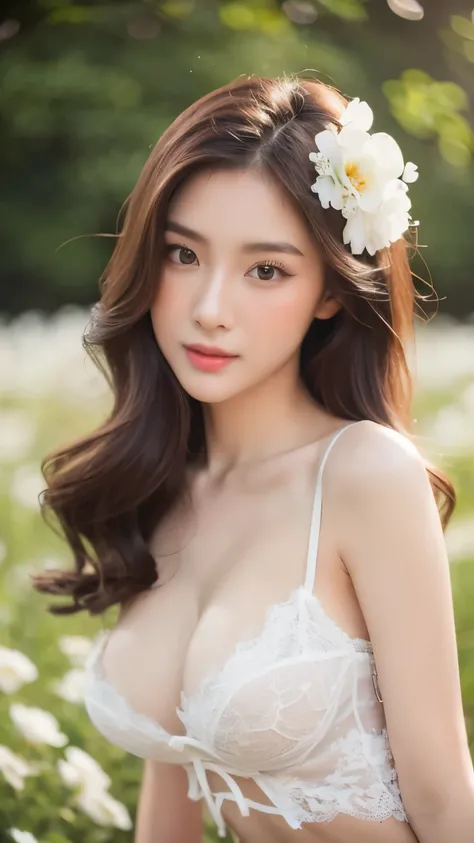 beautiful girl, slender face, Beautiful sharp eyes., My hair is very long., model face, Beautiful makeup, 18 years old, Wear white lace lingerie., big breasts, very big breasts, white skin, In a field of white flowers, Very high detail, 8k, mannequin,Focus...