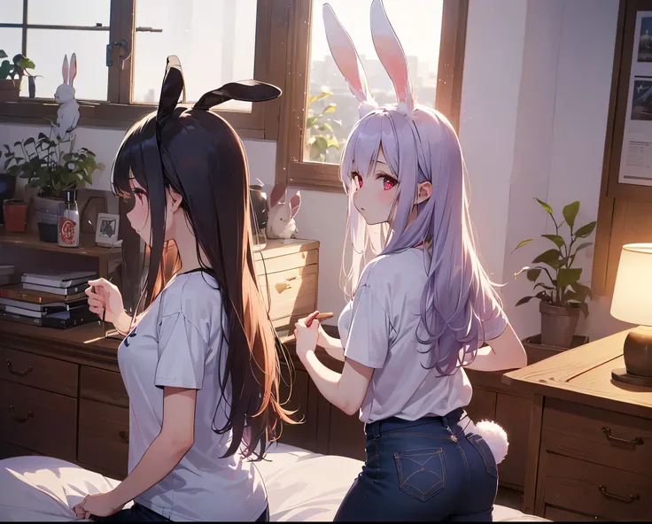 (Close-up:1.3),Realistic,Highest quality, Super detailed, High-quality CG rendering, The most delicate and beautiful, Floating softly, High resolution, (1 girl), (Highest quality,4K,8k,masterpiece:1.2), Light purple hair,(Long Hair:1.5),(Rabbit ears:1.5),R...