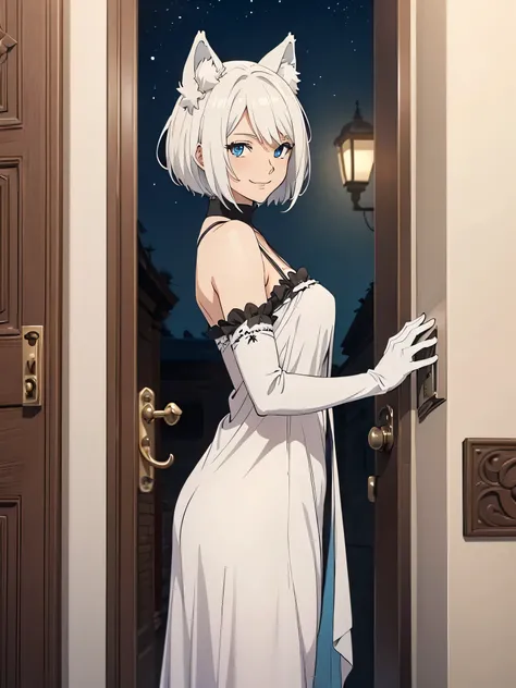 　high resolution　Best image quality　8K　 Adult females　Anime style　White long gloves（Elbow gloves）　Nightdress　White wolf ears　short hair（（shortcut）（White hair）（Perm）（Fluffy））　blue eyes　Charming face（（Smile））　Standing at the door of the ancient building, smi...