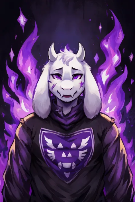 Toriel - Undertale (with torn clothes, purple eyes and a more lunatic than normal expression on his face, also his skin being darker and with a purple tone with purple flames and scars)