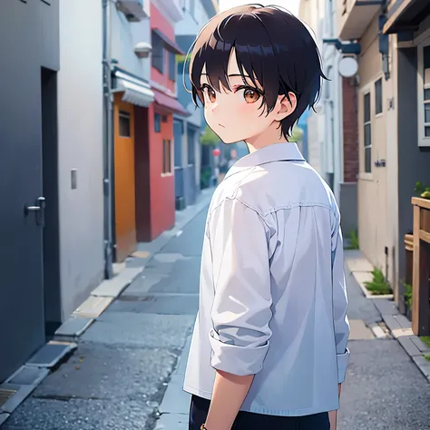 （looking away:1.5）,Upper Body, 
、masterpiece、Highest quality、 (Short hair with brown bangs) and (Orange eyes) and (5 year old boy:1.5)、Boy,
（White long sleeve shirt）、
sad, Are standing、The background is a back alley at night、The upper body is shown、Alone、