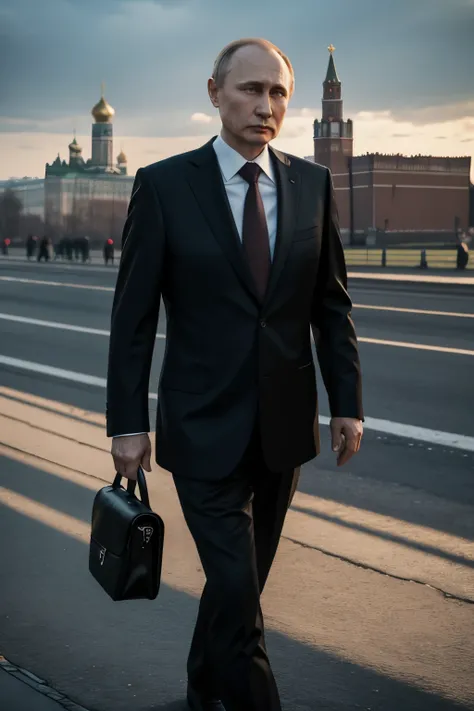 old unattractive putin in black suit , ruined moscow background