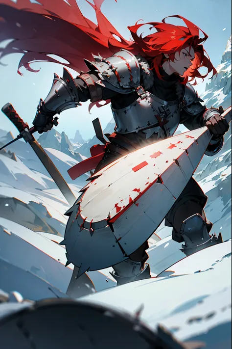 1 male, red hair, grey eyes, barbarian, fur-lined armor, large axe, snowy mountain peak, howling wind, (best quality,4k,8k,highres,masterpiece:1.2),ultra-detailed,cinematic lighting,dramatic,epic,awe-inspiring,powerful,intimidating