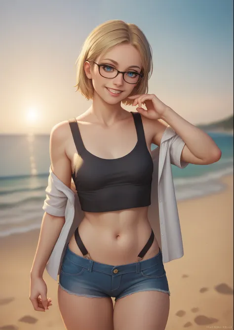 1girl, cassie_drake, short hair, blonde hair, blue eyes, glasses, small breasts, black tank top, long shirt, off-shoulder, bra s...