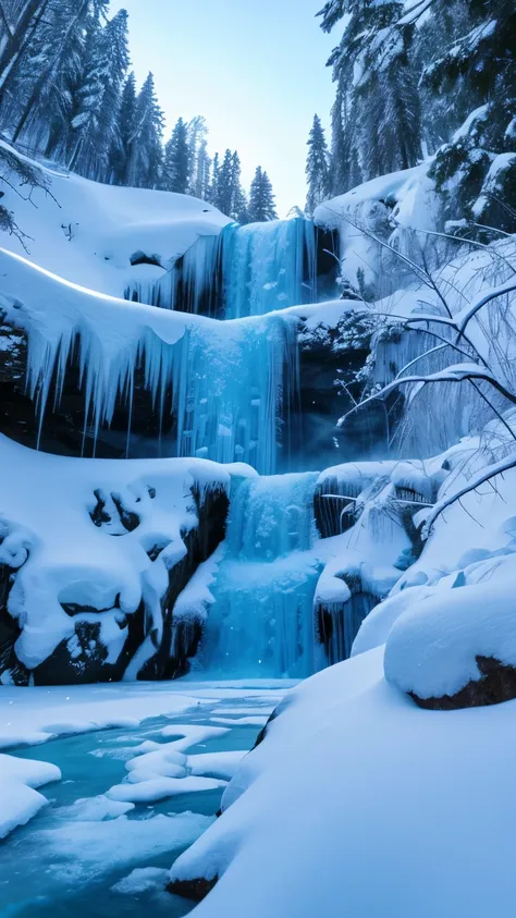 snow mountain with a frozen waterfall from below , close up, abundent flow of water