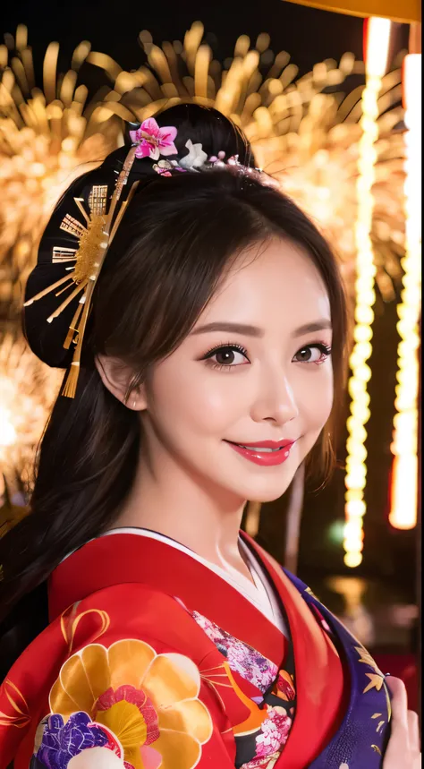 ((masterpiece(:1.4),Highest quality,Ultra-high resolution,Highest quality,8k,Extremely detailed,In detail))。night,Fireworks display,Japanese,A beautiful woman,Big Breasts,Flashy gal makeup,oiran,Long-sleeved kimono,Hair tying,hairpin,hair ornaments,can,Gor...