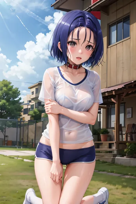 haruna sairenji、to love-ru、blue hair、bobcut、hairpins x 2、show your forehead、high school girl、white gym clothes、navy blue bloomer...