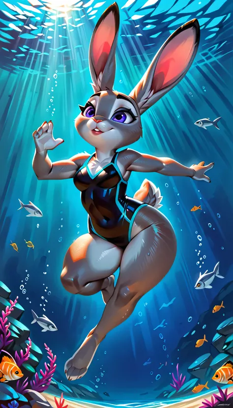 female bunny, rabbit, furry girl، judy hopps with a curvy figure wearing a tight swimming outfit, thick detailed body, slightly ...