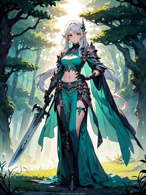 (((Masterpiece, best quality, high detailed, 8k))) Design a layout showcase Gaming character, (1girl). Long silver hair, green eyes, wearing a long flowing jade dress, showing midriff, wielding a massive greatsword, sexy. (masterpiece:1.2), (best quality),...