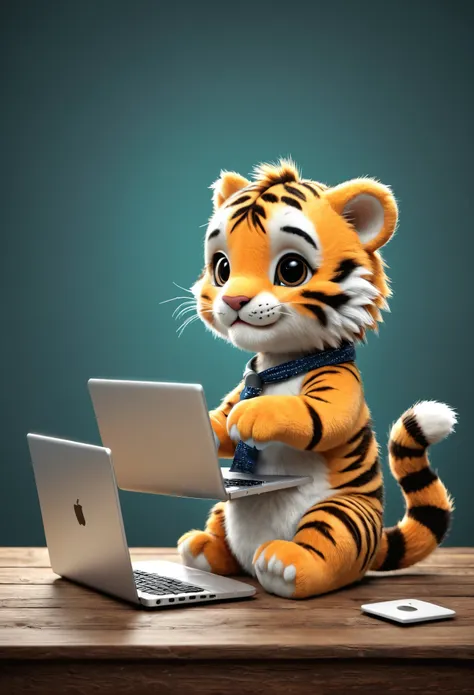 poster design：cute little tiger，furry, with laptop