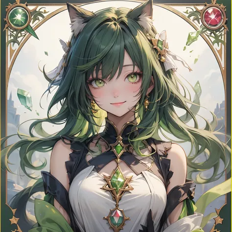 (masterpiece), Highest quality, Ultra-high resolution,Cat ears with yellow-green ribbon、Yellow-green hair、Yellow-green eyes、Yellow-green clothing、(gem:1.5)、Peridot、hope、like、Bonds of Fate、smile、fantasy、dress、Tarot cards falling