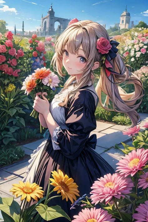 Anime girl holding flowers, celebration, garden full of flowers, Anime girl spinning, masterpiece, 最high quality, high quality