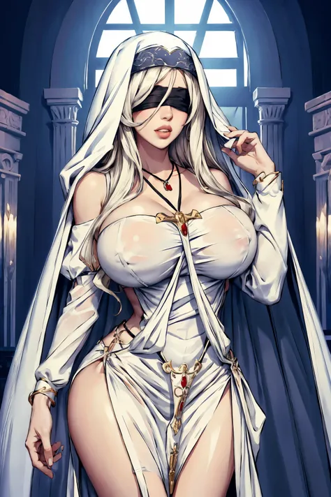 long hair, blindfold, dress, white dress, habit, jewelry, black blindfold, necklace, detached sleeves, em um palácio todo branco ((bimbostyle))