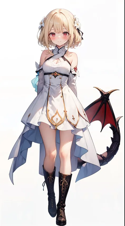 Head to Toe,whole body,A young woman with long light blonde hair stands to the side。, One Girl, alone, Dragon Red Eyes, smile, white background, blush, background, bangs, Look forward,Wearing laced boots,standing,arm behind back