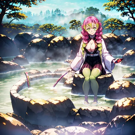 night, hot spring, sit cross-legged,smile, 1girl,take a hot spring bath, MitsuriKanroji, (solo, full body, White coat, belt, black dress, skirt, green striped stockings, straw sandals, Large breasts, breasts cut_out),, Misty mist,((masterpiece)), best qual...