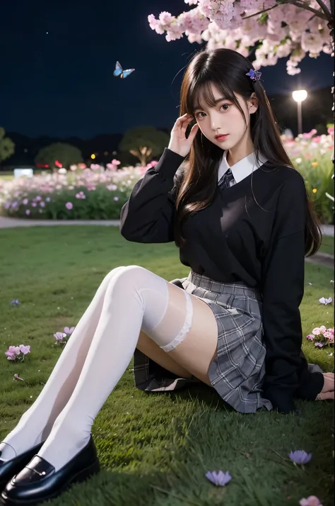 white thighhighs loafers black footwear brown footwear mary janes pleated skirt plaid skirt serafuku (night), iridescence, In the park under the moonlight，A beautiful girl sitting among the flowers，Surrounded by blooming flowers and fluttering butterflies。...