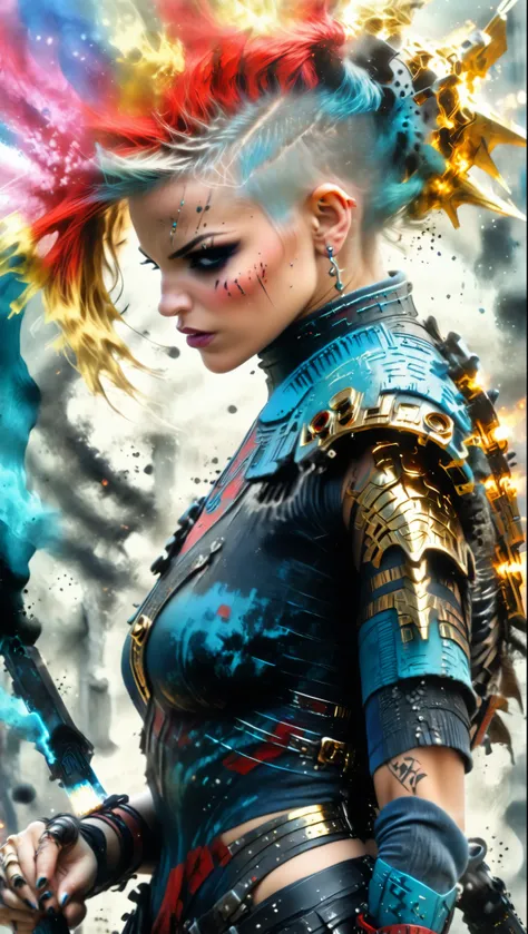 urbanpunk, more colorful, photography from behind, beautiful woman fighting at war, holding a big automatic gun, body is adorned with glowing golden runes, intense blue aura around her, wearing light black and red armor, short white hair is blowing in the ...