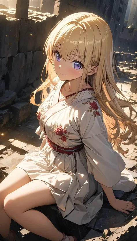 (Japanese Anime), ((best quality)), (Professional photography:1.3), (Super Detail:1.2), (HD:1.3), lens flare, Wide-angle lens, Textured Skin, Movie Lighting, 1 Girl, Rose embroidery,  (Silky blonde hair), (Cute and shining), (healthy body), ((Sitting on th...