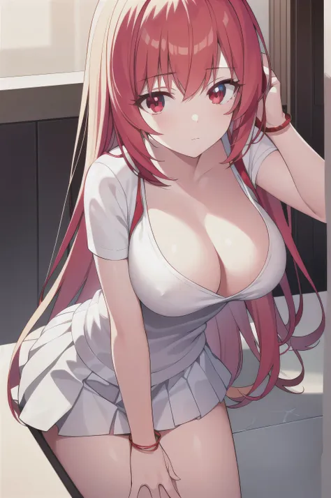 A girl，Long hair, bangs, Orange Hair, Hair between the eyes, (Red Eyes:1.5),  (Large Breasts:1.2), 
rest clavicle, White shirt, Pleated Skirt, mini skirt, bracelet, White skirt,cleveage，nipple，NUDE，
rest looking at viewer, whole body,
rest indoors, kitchen...