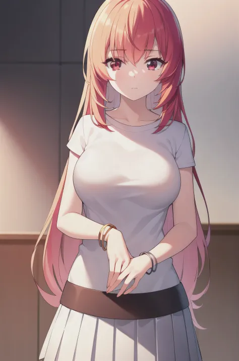 A girl，Long hair, bangs, Orange Hair, Hair between the eyes, (Red Eyes:1.5),  (Large Breasts:1.2), 
rest clavicle, White shirt, Pleated Skirt, mini skirt, bracelet, White skirt,cleveage，nipple，NUDE，
rest looking at viewer, whole body,
rest indoors, kitchen...