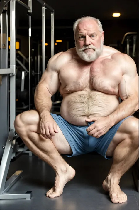 mature old man, grandpa, silverdad, daddy, virile, stocky, fat, bulging, massive feet, (hairy:1.2), hairy body, pale skin, barefoot, ginger, gym coach, tight shorts dickprint, tank top, intricate details