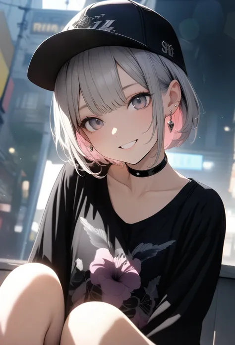 very cute 15 year old girl, ((she has some silver earrings in her ears.. stylish black baseball cap. black choker、black punk fas...