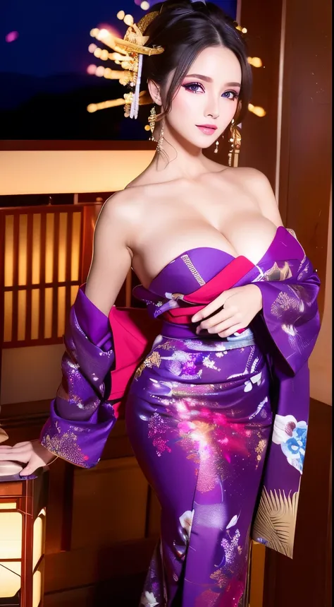 ((masterpiece(:1.4)，Highest quality，Ultra-high resolution，Highest quality，8k，Extremely detailed，In detail))。night，Fireworks display，Japanese，A beautiful woman，slim，Large Breasts(1.6)，sexy，glamorous，Flashy gal makeup，Oiran，Long-sleeved kimono，Uchikake，Gold ...