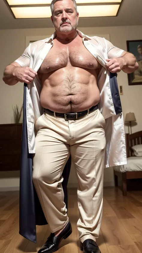 (best quality,4k,8k,highres,masterpiece:1.2), age 60, white man, horny disgusting, muscular chubby, kind, opened silk shirt, mature daddy, Dress Pants with big bulge, hairy chest hard nipple, belt, loafer,