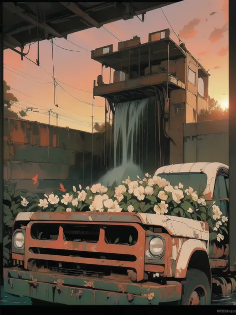 (((masterpiece, top quality))), (((32k wallpaper))), detailed machinery, abandoned factory, stairwell, (((white flower field))),...