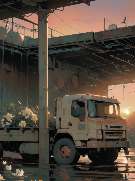 (((Masterpiece, Top Quality))), (((32K wallpaper))), detailed machinery, abandoned factory, stairwell, (((white flower field))), (((rusty heavy truck))), gorgeous light leak, (((backlit))), detailed background, top quality, (((no humans))), collapsed heavy...