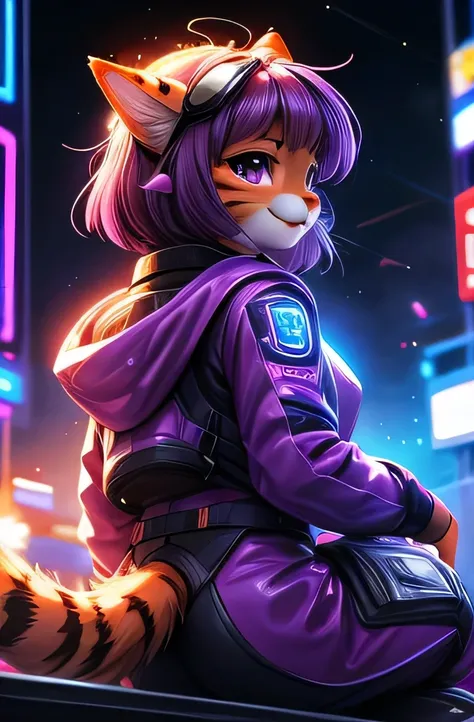 ASCIIrealistic, masterpiece, (three quarter back) view, backside, over the shoulder, above shot, cute (female (anthro ((orange/tabby) cat))) glossy fur, purple eyes, sitting in a purple car ((short messy purple hair, short bangs)), (hot pink and purple spa...