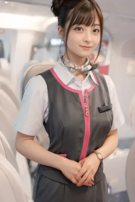 (masterpiece:1.2, Highest quality:1.2), 32k HDR, High resolution, (alone、1 girl)、(On the roof of a building、Professional Lighting)、daytime background、(Realistic style of JR Gran Class crew uniform)、Short sleeve blouse、a scarf around the neck、(JR Gran Class...