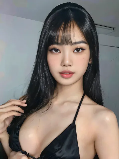 araffed asian woman in a black bikini posing for a picture, asian girl, beautiful asian girl, asian features, asian women, an asian woman, she has black hair with bangs, asian face, asian female, asian woman, sexy face with full makeup, half asian, asian n...