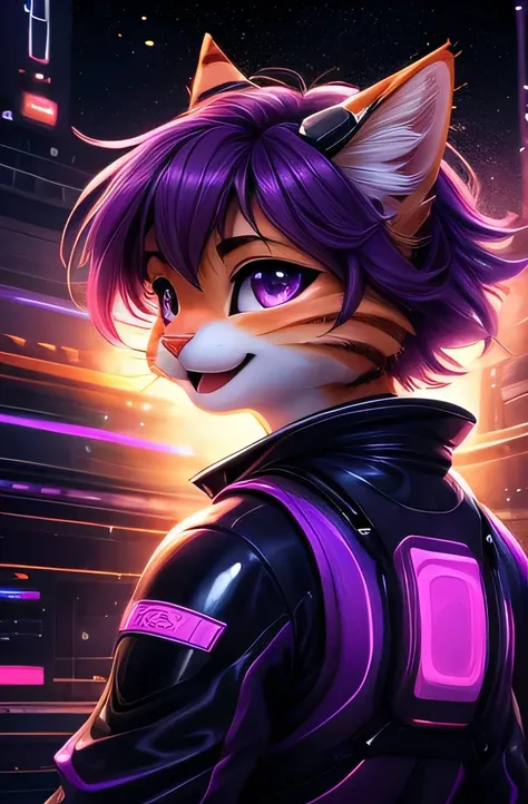 ASCIIrealistic, masterpiece, (three quarter back) view, backside, over the shoulder, above shot, cute (female (anthro ((orange/tabby) cat))) glossy fur, purple eyes, sitting in a purple car ((short messy purple hair, short bangs)), (hot pink and purple spa...