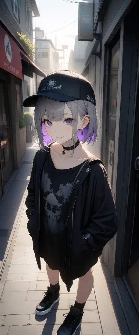 Very cute 15 year old girl, ((She has some silver earrings in her ears.. Stylish black baseball cap. Black choker、Black punk fashion))、(Gray hair color、Dark purple inner color hairstyle、short hair、Hair expressed with a delicate touch), Beautiful Hair, Faci...