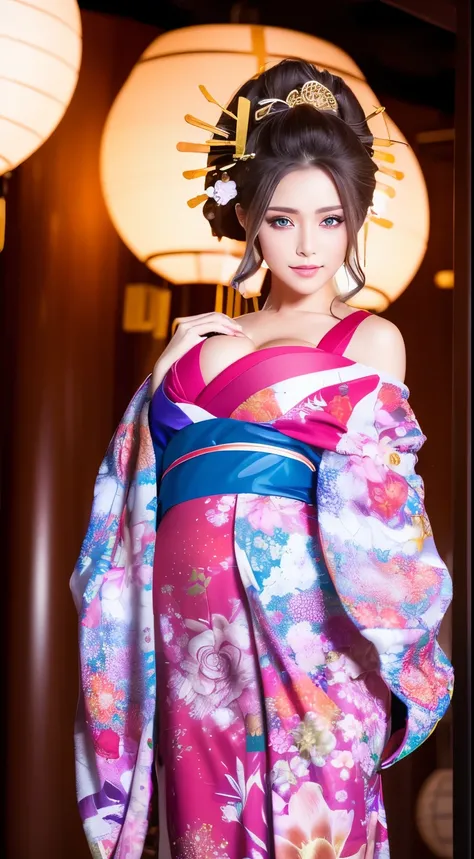 ((masterpiece(:1.4)，Highest quality，Ultra-high resolution，Highest quality，8k，Extremely detailed，In detail))。night，Fireworks display，Japanese，A beautiful woman，slim，Large Breasts(1.6)，sexy，glamorous，Flashy gal makeup，Oiran，Long-sleeved kimono，Uchikake，Gold ...