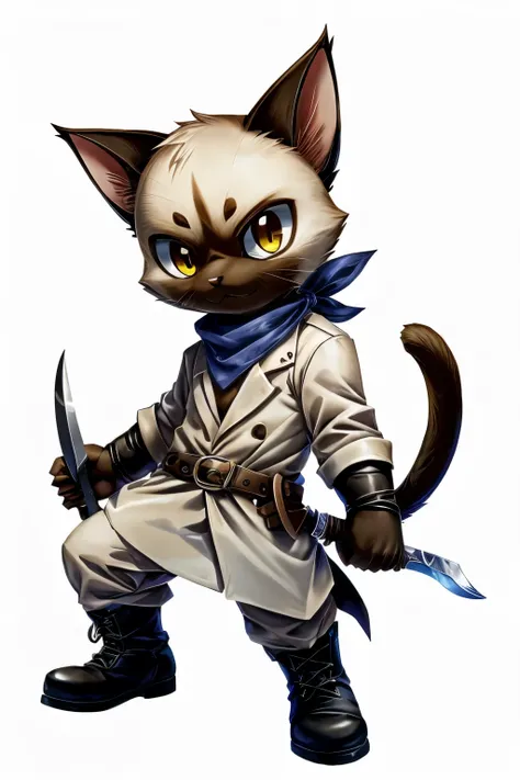 Cat People、Cait Sith、dagger、Leather boots、Siamese cat、bandana、White coat、male、White background、1 person、thief