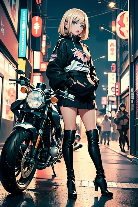 ((1woman, (solo, 1girl, alone), kohaku, blonde hair, blue eyes, tied hair)), smug, ((solo, (1woman, pink lipstick), Extremely detailed, ambient soft, (( black sweatshirt, white shirt, black skirt, black tights, leather boots, high heel boots, hands in pock...