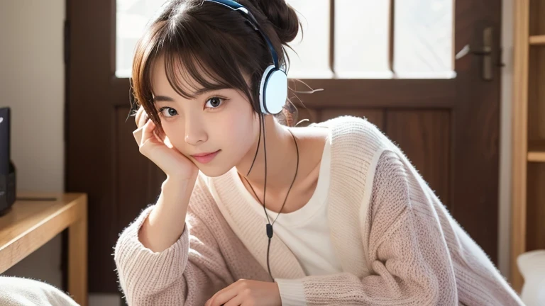 Produce the highest quality and highest resolution 8K images。Please draw the upper body of a 20 year old Japanese woman.。Please draw an image of you relaxing at home listening to music with headphones.。She has brown eyes and a model-like figure、She has an ...