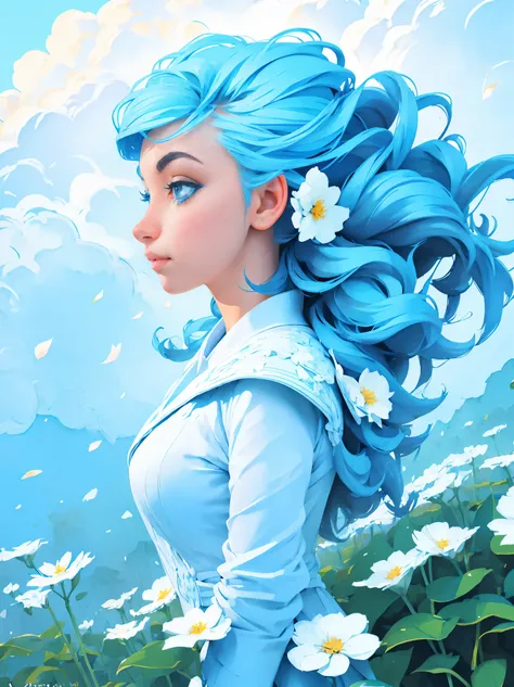 (absurdres, highres, ultra detailed, UHD, cinematic), solo, 1girl, mature, happy, girl standing in light blue flower field, light blue flower petal surrounding girl, full body, blue long hair girl, light blue hair, fantasy, dreamy, snowy, official art, pop...