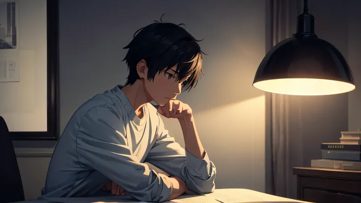 a scene in a room of a boy studying, Profile, captured by Makoto Shinkai, Soft color palette that enhances the atmosphere, dark surroundings, with just the light from the lamp, lofi musician adding a calm and unique sound layer, calm and cozy atmosphere (b...