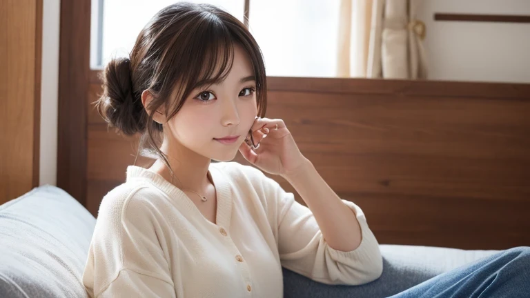 Produce the highest quality and highest resolution 8K images。Please draw the upper body of a 20 year old Japanese woman.。Please draw an image of you relaxing at home listening to music with headphones.。She has brown eyes and a model-like figure、She has an ...