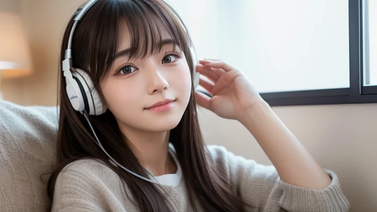 Produce the highest quality and highest resolution 8K images。Please draw the upper body of a 20 year old Japanese woman.。Please draw an image of you relaxing at home listening to music with headphones.。She has brown eyes and a model-like figure、She has an ...