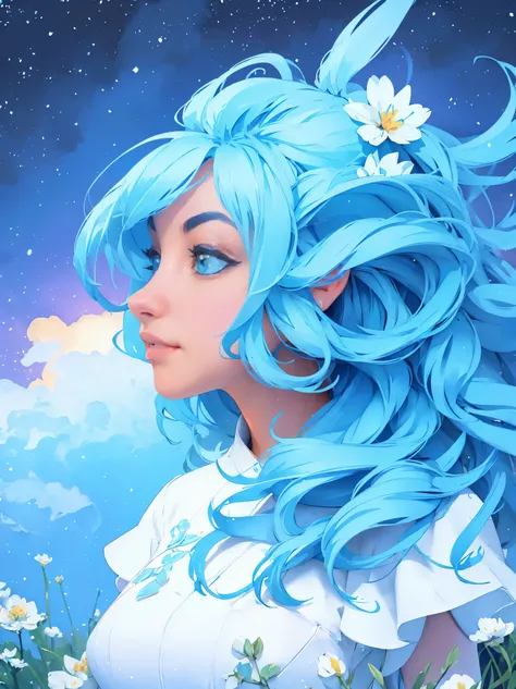 (absurdres, highres, ultra detailed, UHD, cinematic), solo, 1girl, mature, happy, girl standing in light blue flower field, light blue flower petal surrounding girl, full body, blue long hair girl, light blue hair, fantasy, dreamy, snowy, official art, pop...