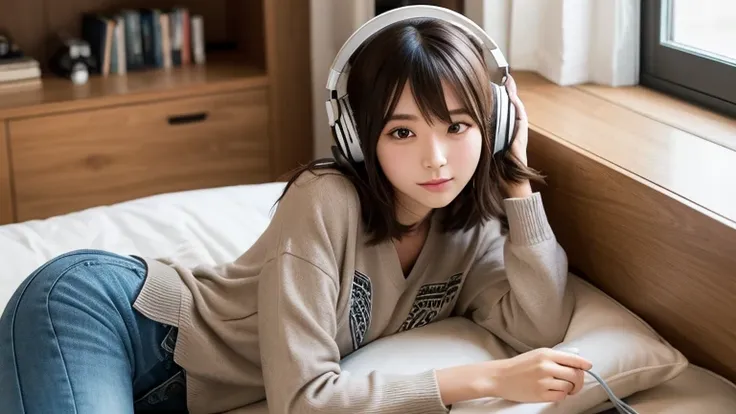 Produce the highest quality and highest resolution 8K images。Please draw the upper body of a 20 year old Japanese woman.。Please draw an image of you relaxing at home listening to music with headphones.。She has brown eyes and a model-like figure、She has an ...