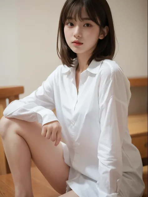 (8k, Top quality, Masterpiece:1.2), (Realistic, photo-realistic:1.37), Super detailed, perfect anatomy, cute, small eyes, 18 years old, a Japanese, girl, bangs, dress-shirt in naked,