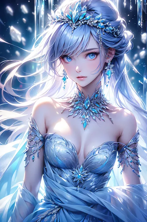 (Upper body photo:1.5)wood, Exquisite mini ice spikes and crystals, A frozen waterfall in the background, Light reflected by ice crystals, Flowing snowflakes.1 girl、pretty girl,A realistic person,Beautiful cleavage,((small breasts)),Thin legs、Tight waist、s...