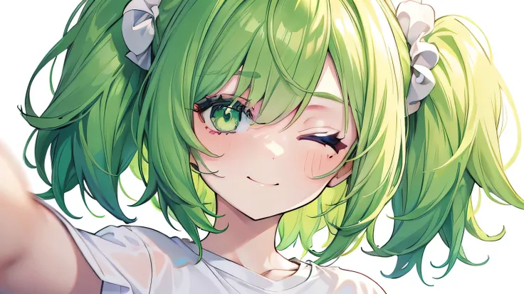 masterpiece, beautiful detailed, 1girl, (Oversized plain T-shirt), green Eyes, green hair, one side up, medium breasts, hair scrunchie, one eye closed wink, big smiling, selfie, green theme, (((bold outline))), limited palette